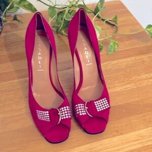 Casadei Barbie Pink Suede Peep Toe Stiletto Heels With Rhinestone Bows Size 9